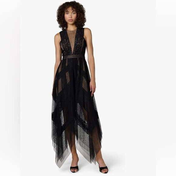 NWT BCBGMaxAzria Andi Asymmetrical Lace and Tulle Maxi...